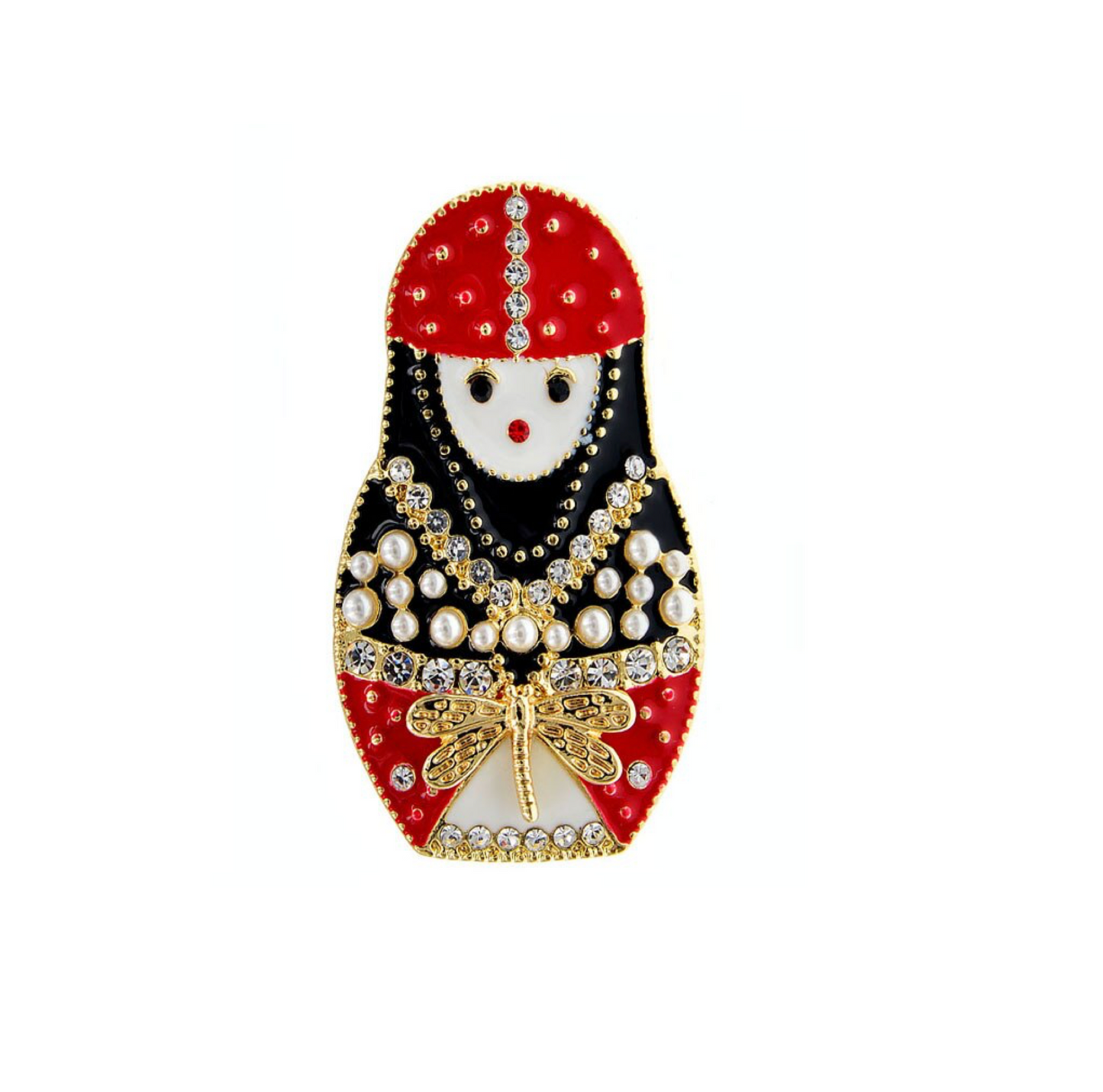 Red Black Crystal Russian Doll Brooch
