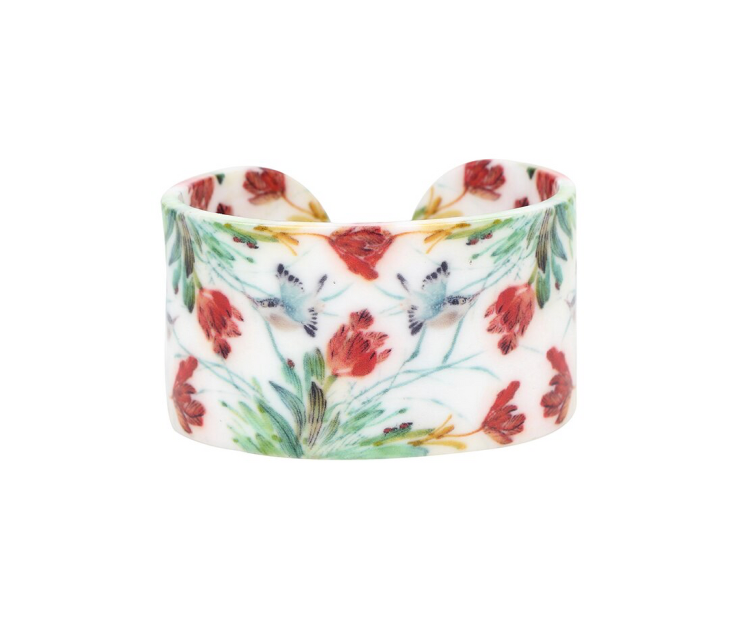Red Floral Hummingbirds Cuff Bracelet