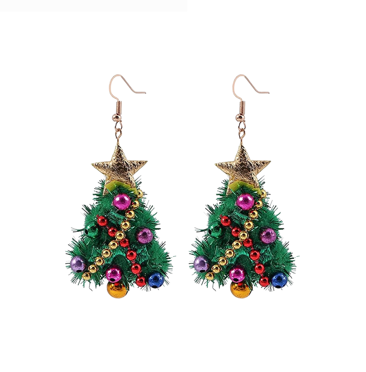 Green Decorated Pom Pom Statement Christmas Tree Drop Earrings