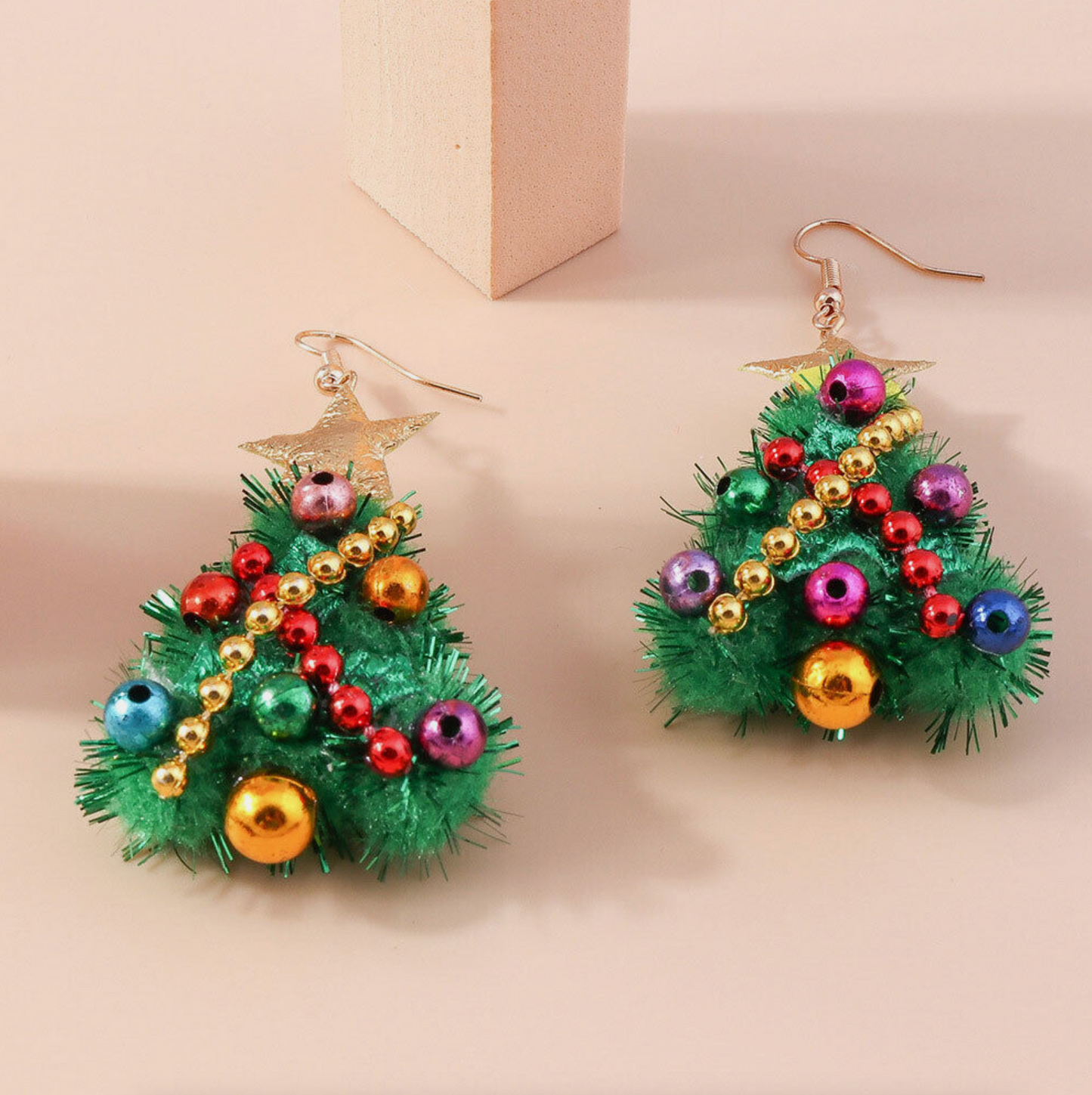 Green Decorated Pom Pom Statement Christmas Tree Drop Earrings