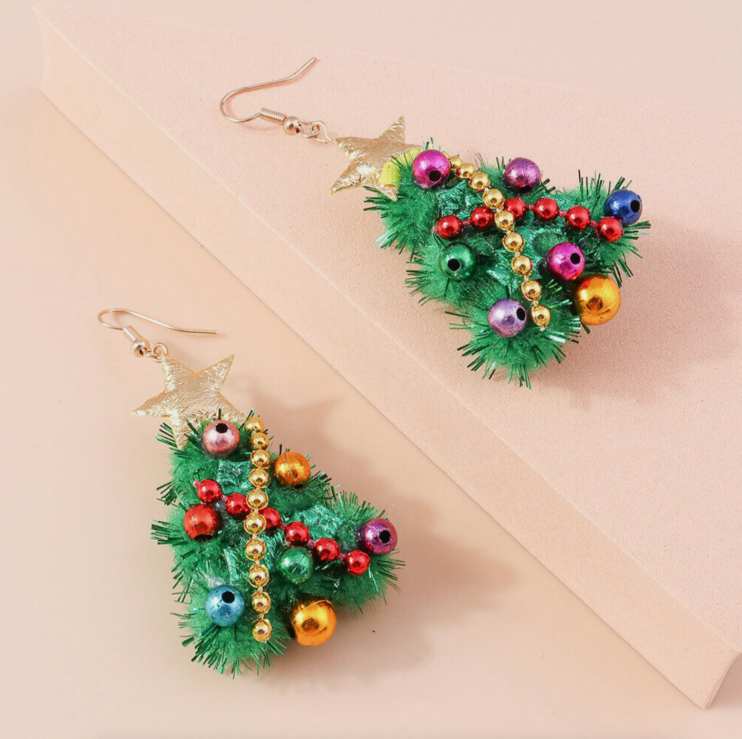 Green Decorated Pom Pom Statement Christmas Tree Drop Earrings