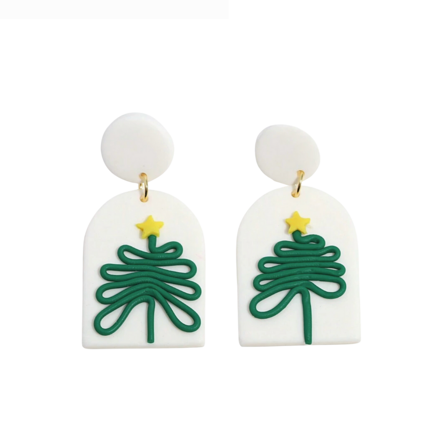 White Polymer Clay & Green Minimalist Christmas Tree Earrings