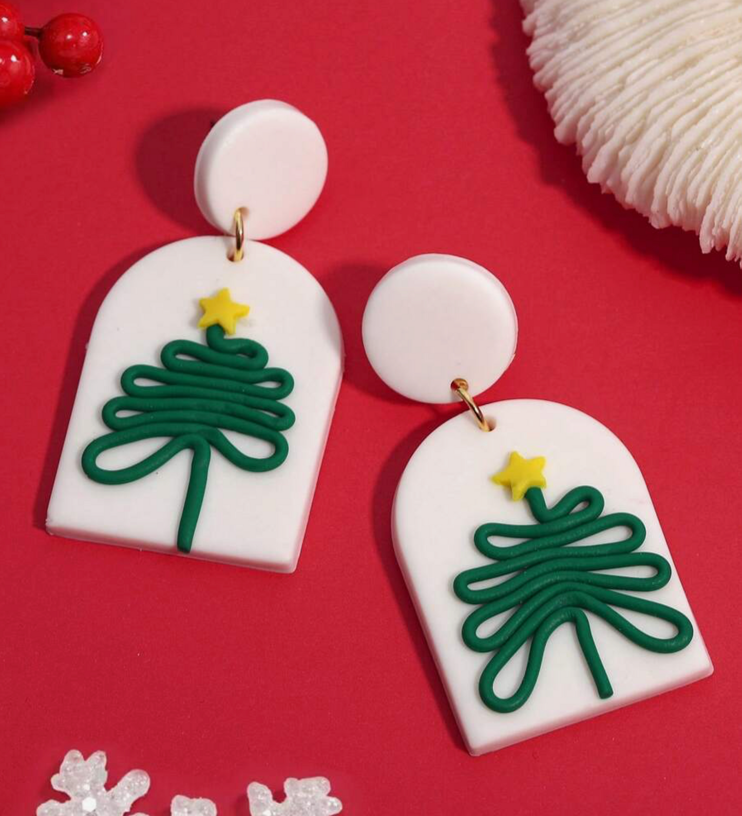 White Polymer Clay & Green Minimalist Christmas Tree Earrings