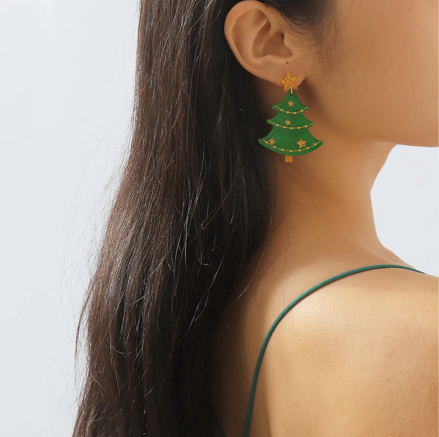 Green Christmas Tree with Gold Stars Drop Earrings