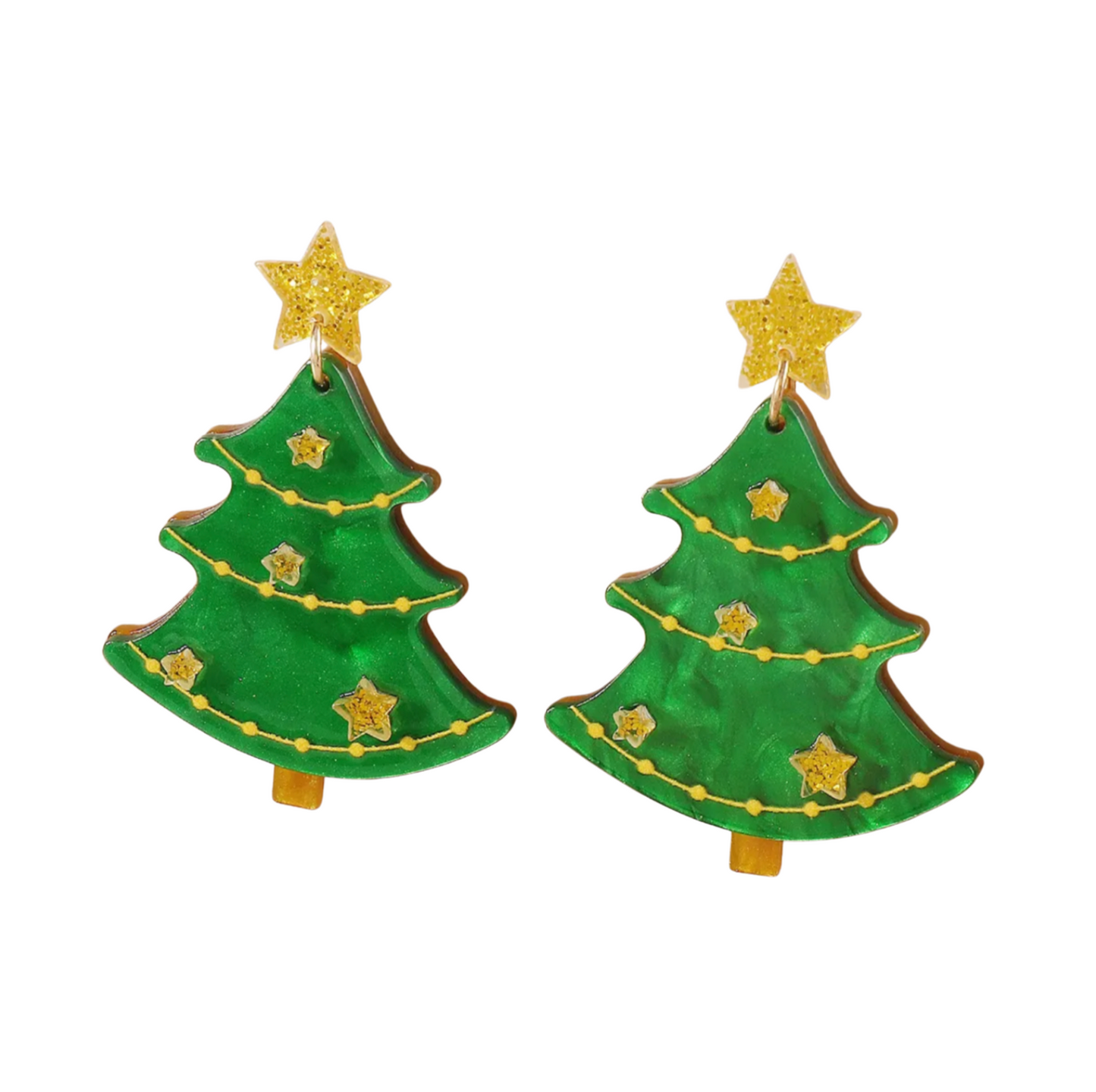 Green Christmas Tree with Gold Stars Drop Earrings