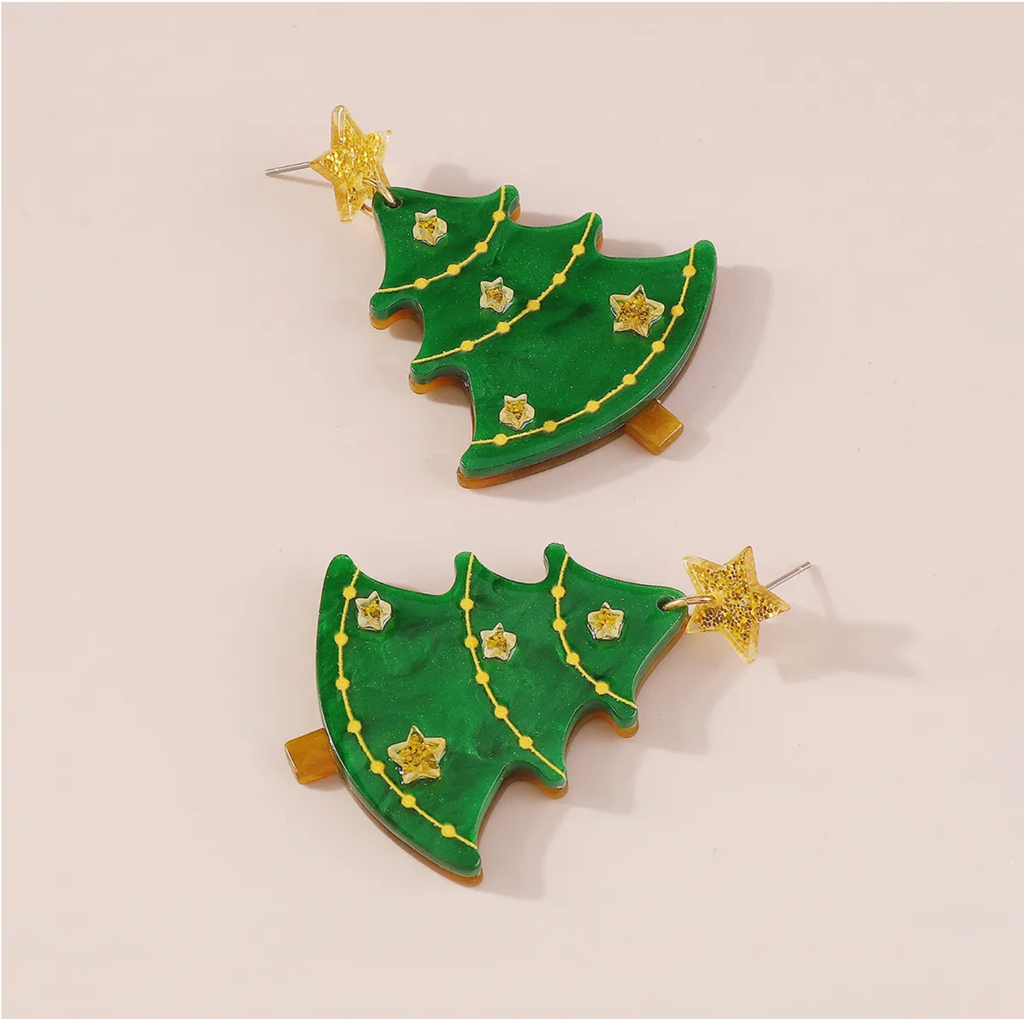Green Christmas Tree with Gold Stars Drop Earrings