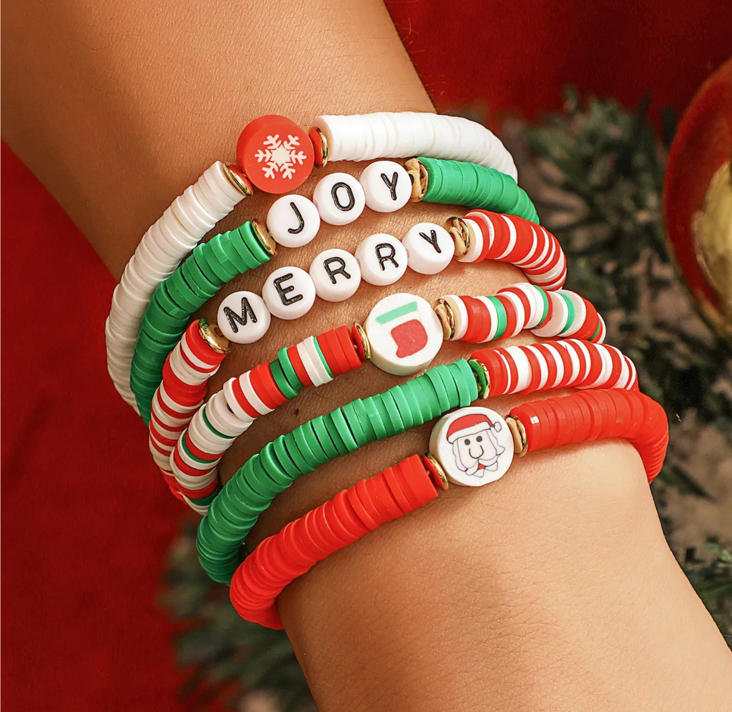 Red, Green & White JOY & MERRY Beaded Set of 6 Christmas Stretch Bracelets