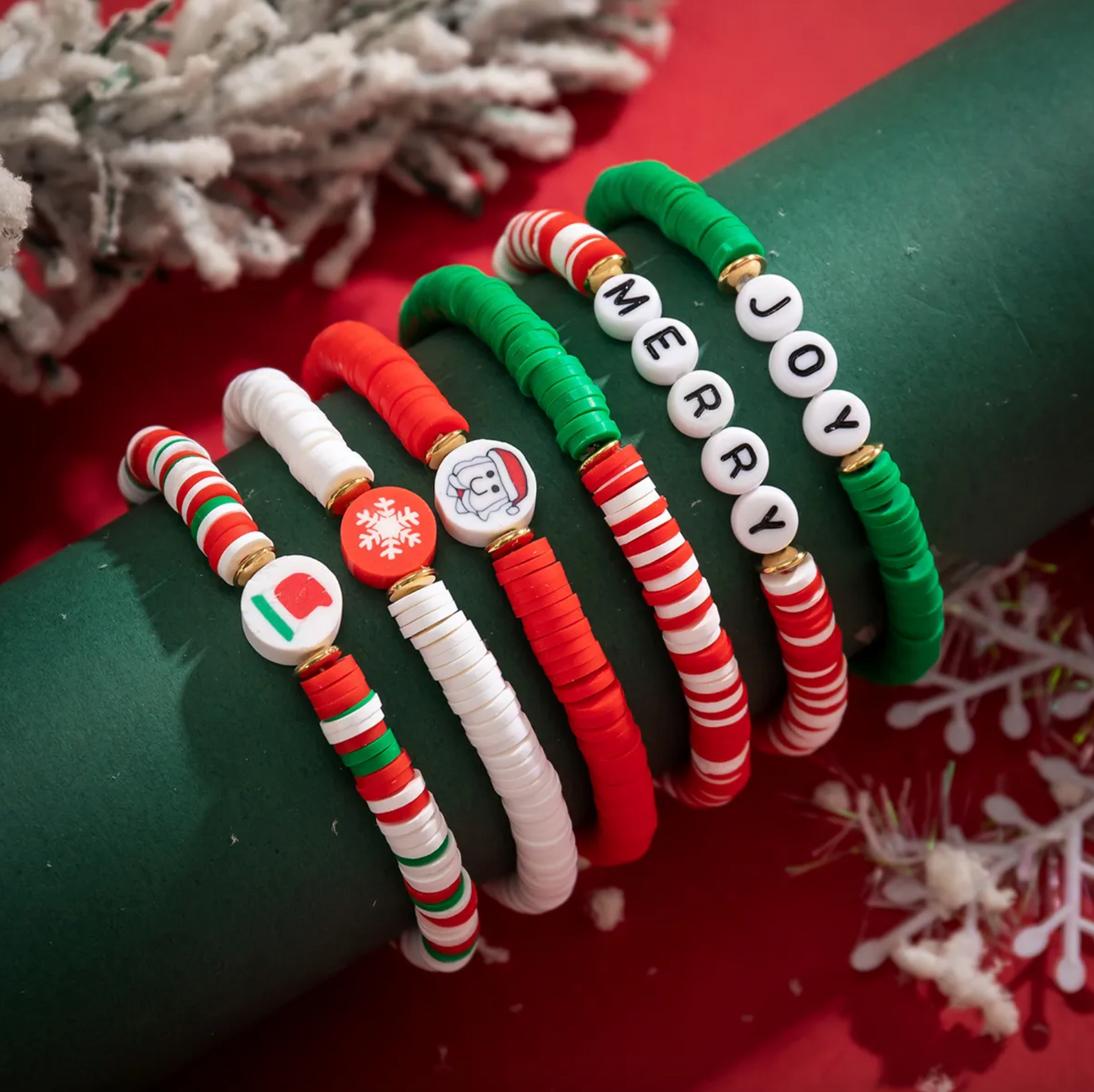 Red, Green & White JOY & MERRY Beaded Set of 6 Christmas Stretch Bracelets