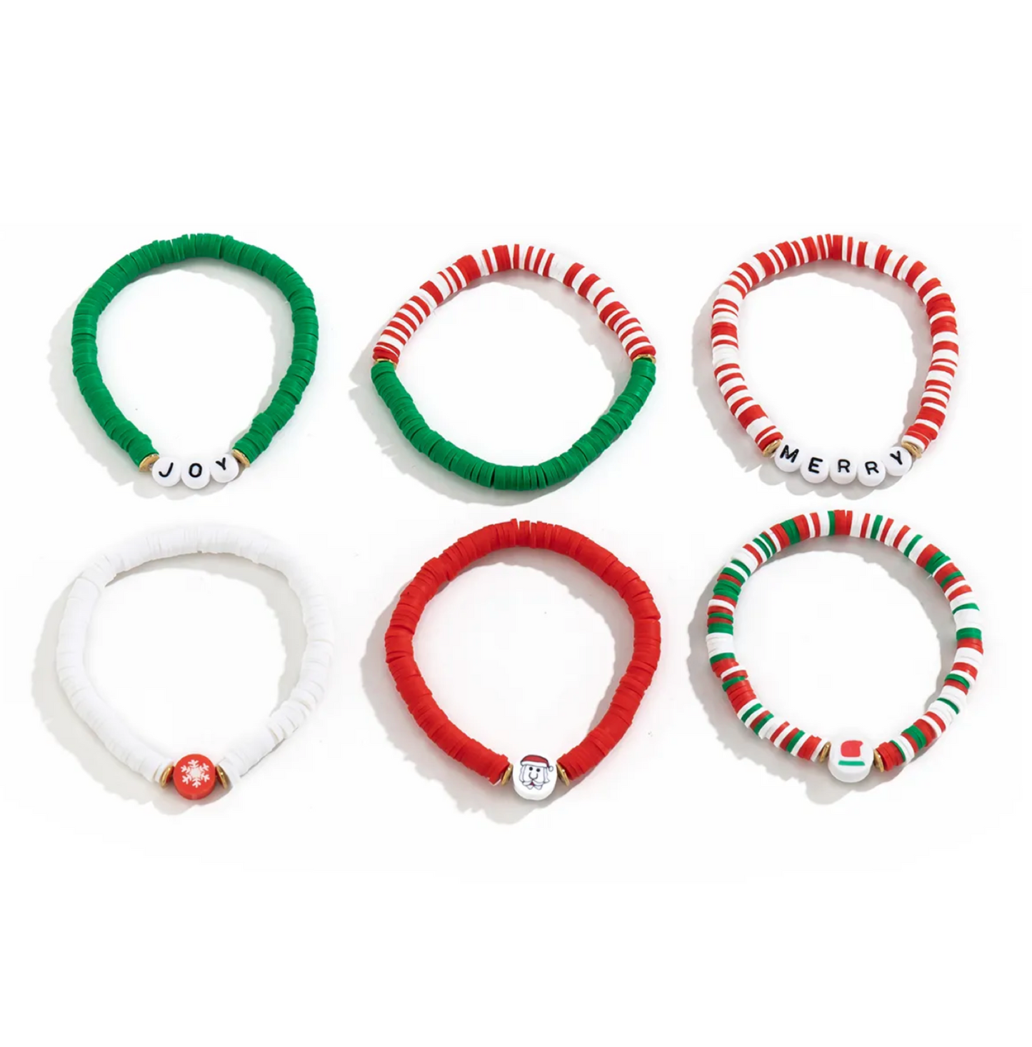 Red, Green & White JOY & MERRY Beaded Set of 6 Christmas Stretch Bracelets