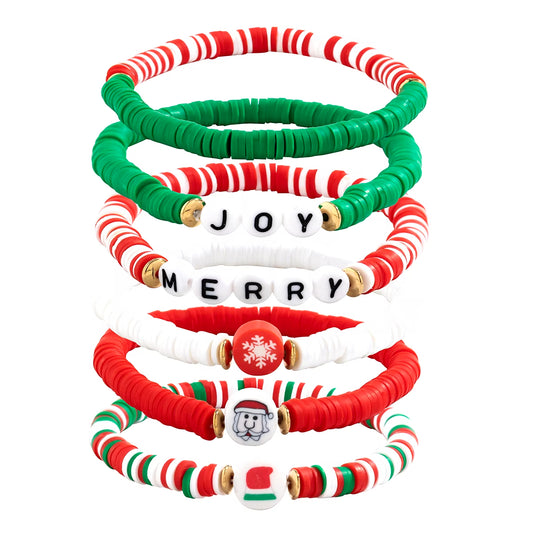 Red, Green & White JOY & MERRY Beaded Set of 6 Christmas Stretch Bracelets