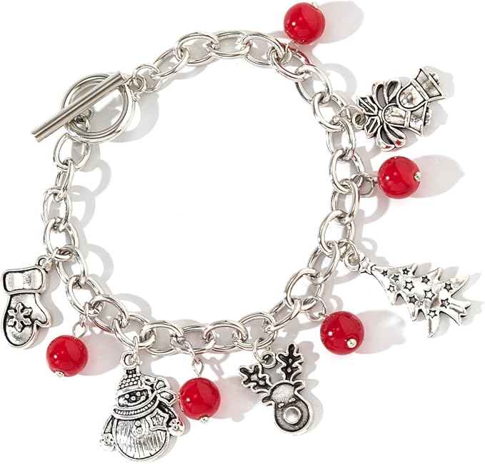 Silvertone & Red Beaded Christmas Charm Bracelet