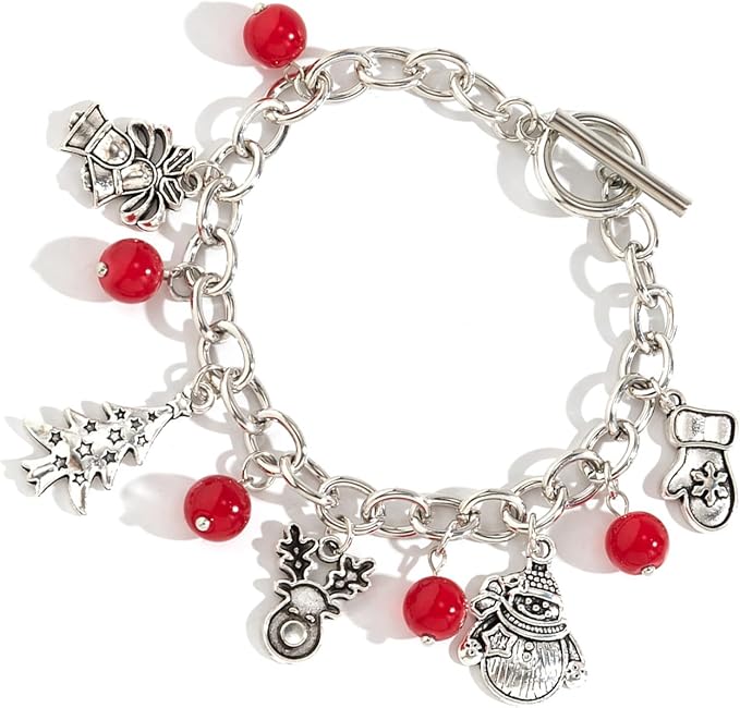 Silvertone & Red Beaded Christmas Charm Bracelet
