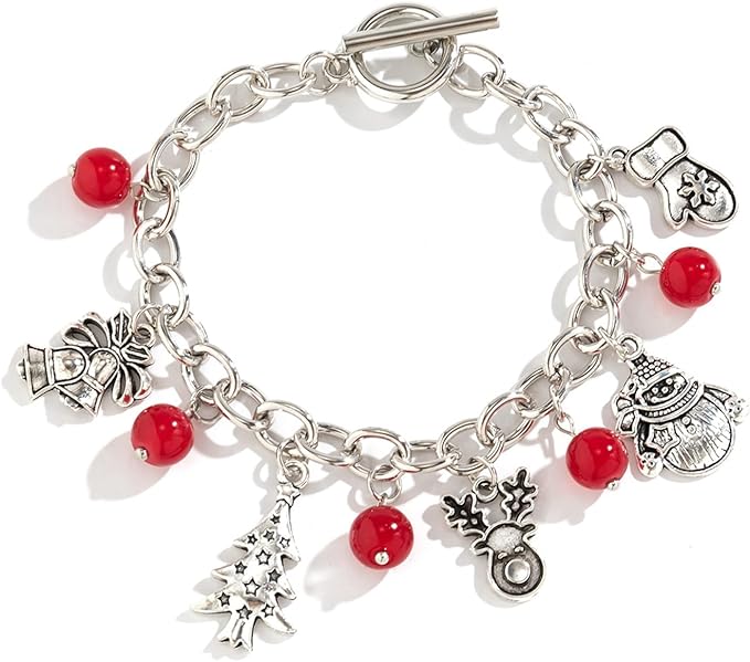 Silvertone & Red Beaded Christmas Charm Bracelet