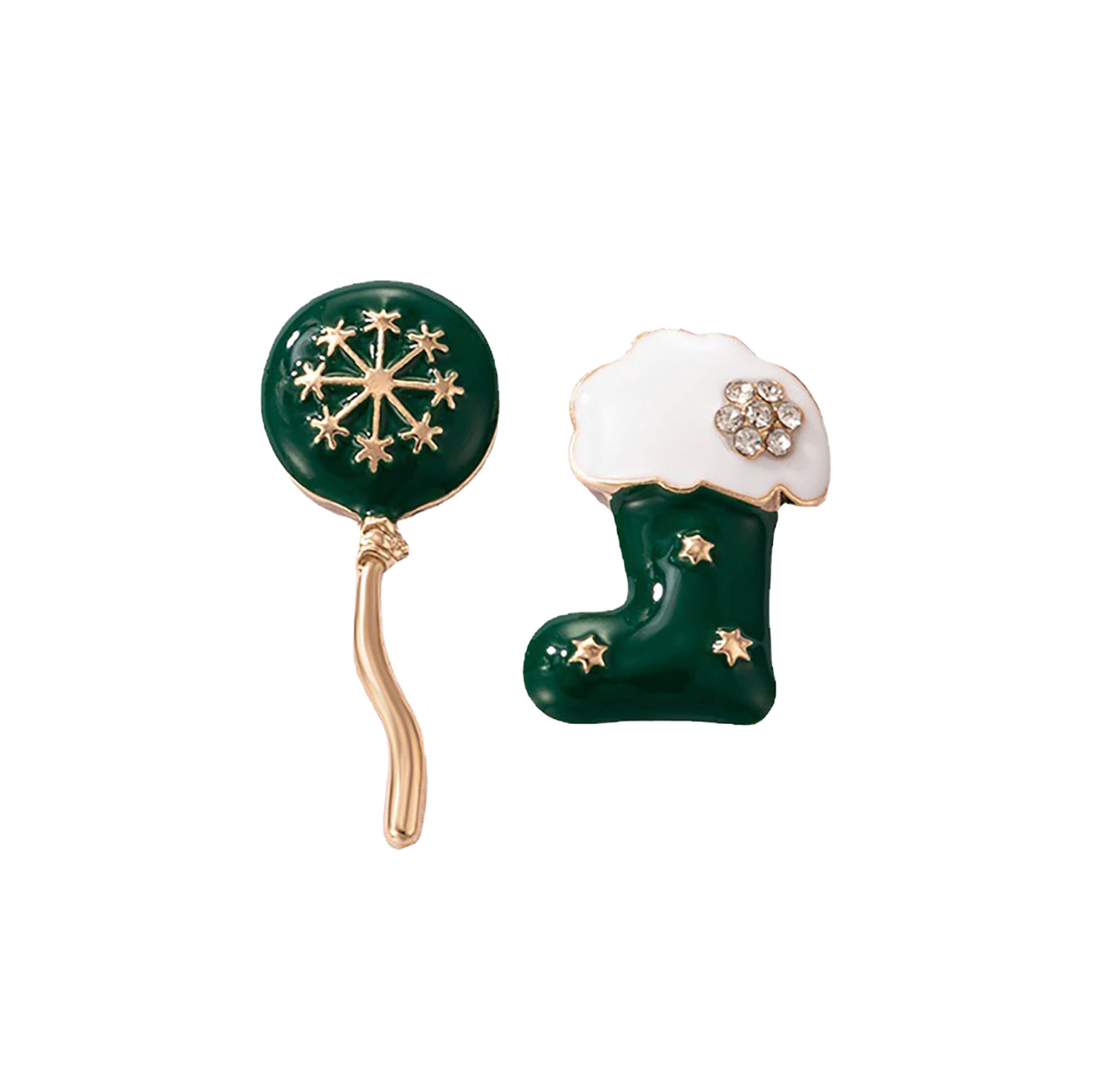 Goldtone & Green Asymmetrical Christmas Stocking and Ornament Stud Earrings