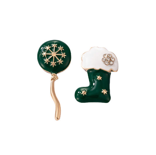 Goldtone & Green Asymmetrical Christmas Stocking and Ornament Stud Earrings