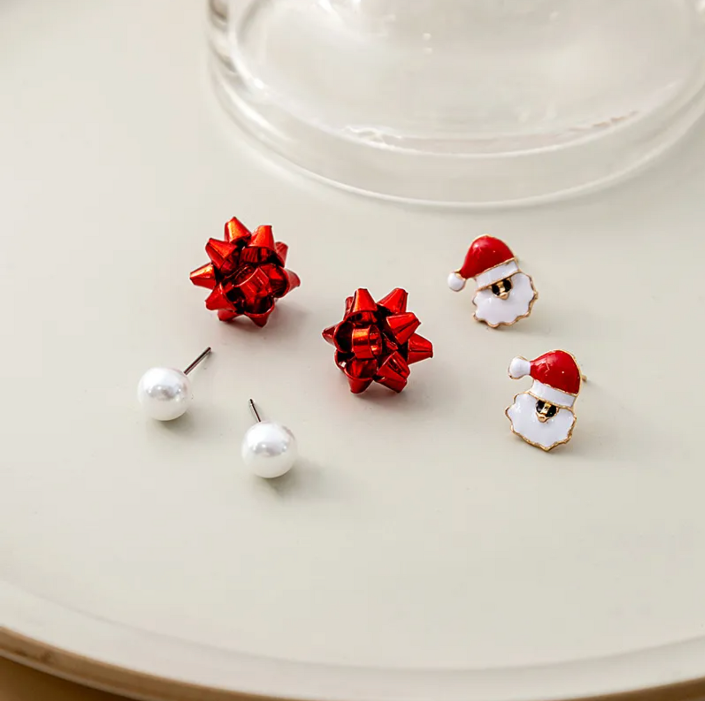 Imitation Pearl, Red Christmas Bow & Santa Set of 3 Stud Earrings