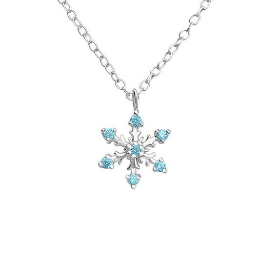 Sterling Silver Classic Aqua CZ Snowflake Pendant Necklace