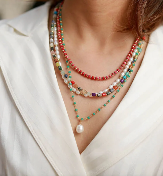 Multi Colored Beaded, Crystal & Jasper Gemstone Layered Necklace with Pearl