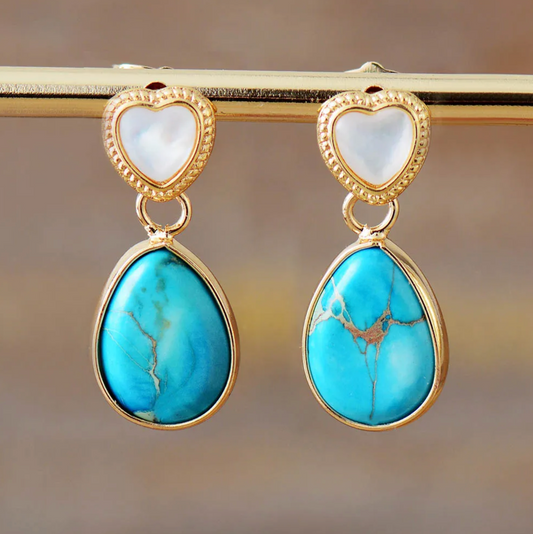 Goldtone Turquoise Jasper Teardrop & White Heart Drop Earrings