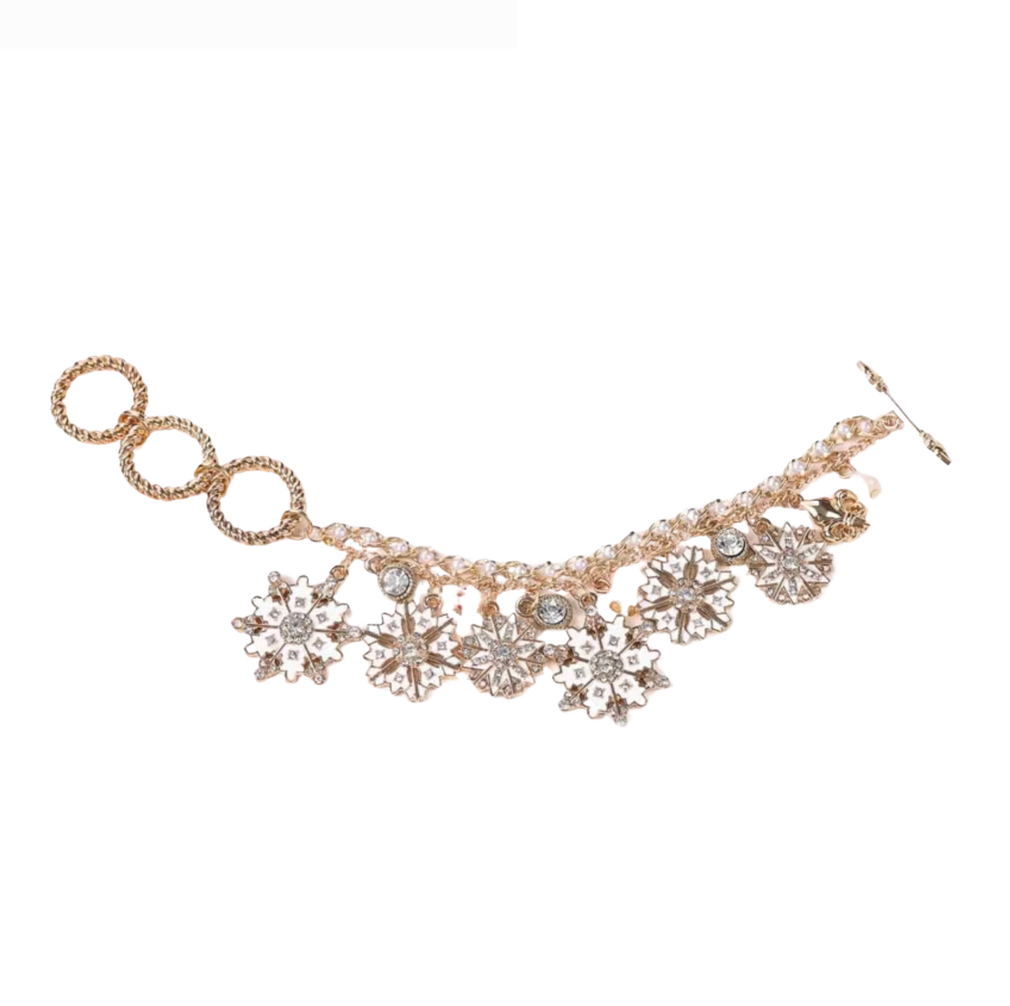 White and Goldtone Snowflake Charm Toggle Bracelet