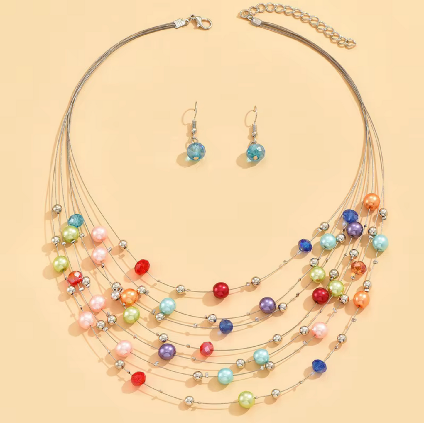 Silvertone & Metallic Multi-Colored Beaded Layered Necklace with Blue Faceted Drop Earrings