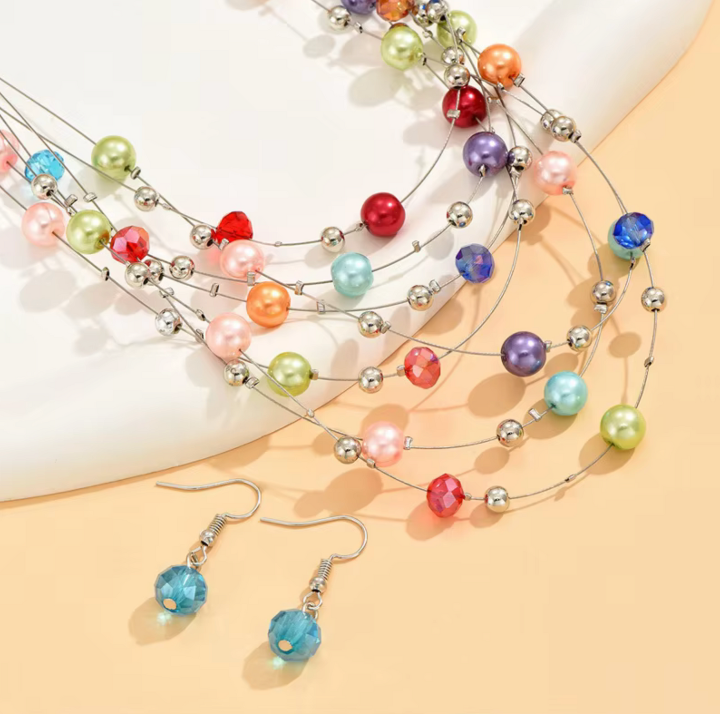 Silvertone & Metallic Multi-Colored Beaded Layered Necklace with Blue Faceted Drop Earrings