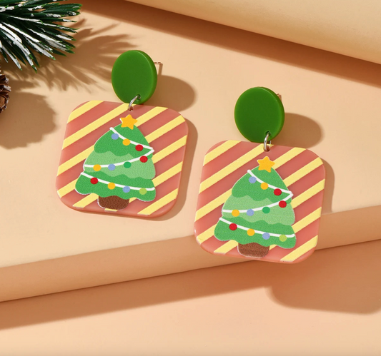 Green Christmas Tree & Striped Square Earrings