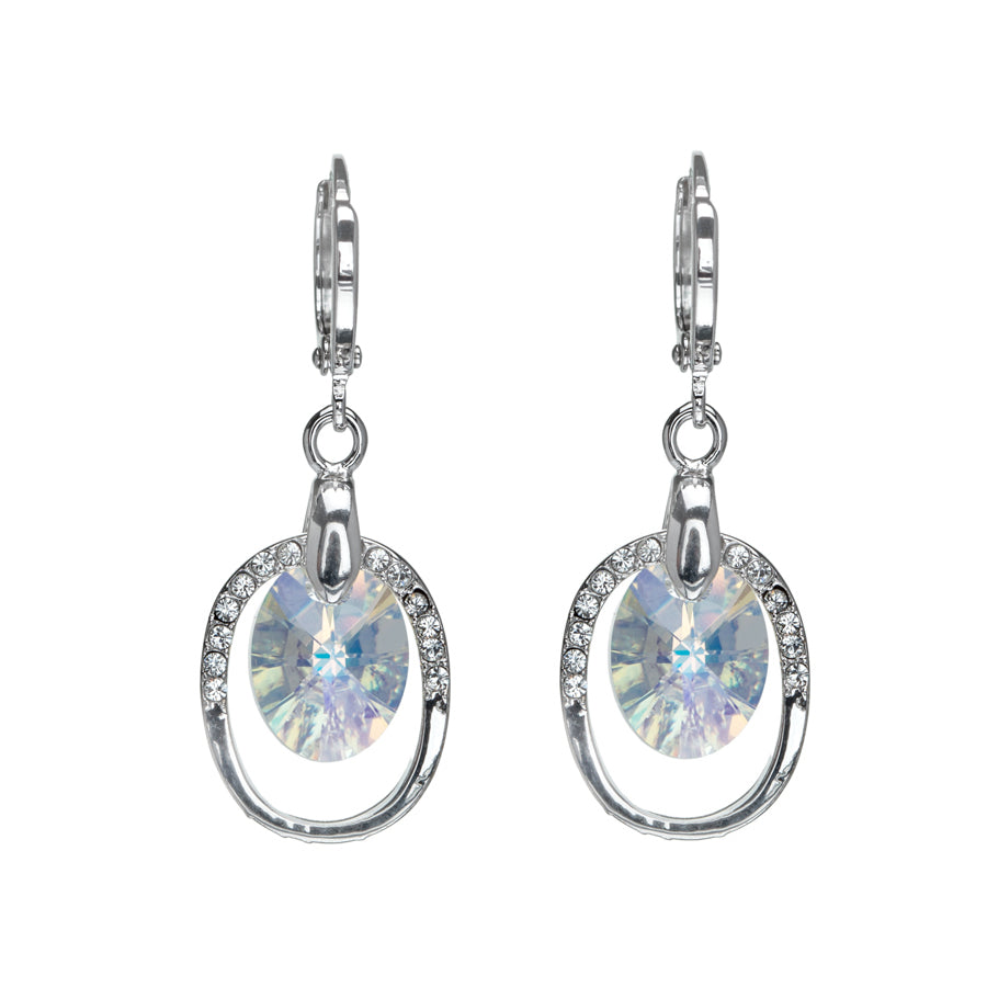 Aurora Borealis Silvertone Oval Drop Earrings With Swarovski Crystals