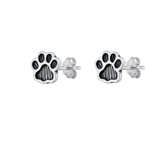 Sterling Silver Oxidized Paw Print Stud Earrings