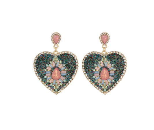 Green & Pink Beaded Heart Teardrop Drop Earrings