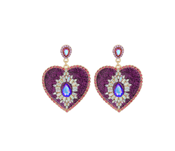 Purple Crystal Heart Drop Statement Earrings