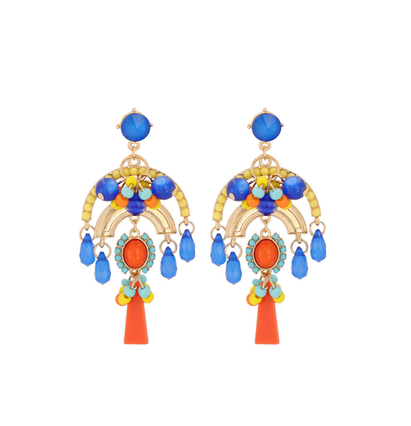 Blue Crystal And Goldtone Half Circle Beaded Drop Earrings