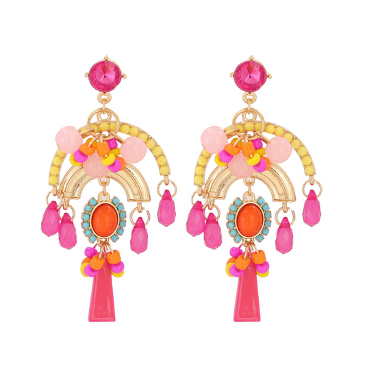 Pink Crystal & Goldtone Half-circle Beaded Drop Earrings
