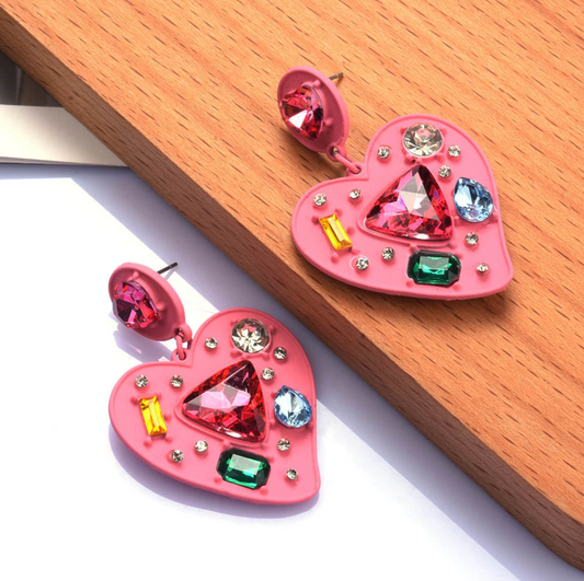 Pink Heart & Multi Colored Crystal Drop Stud Earrings