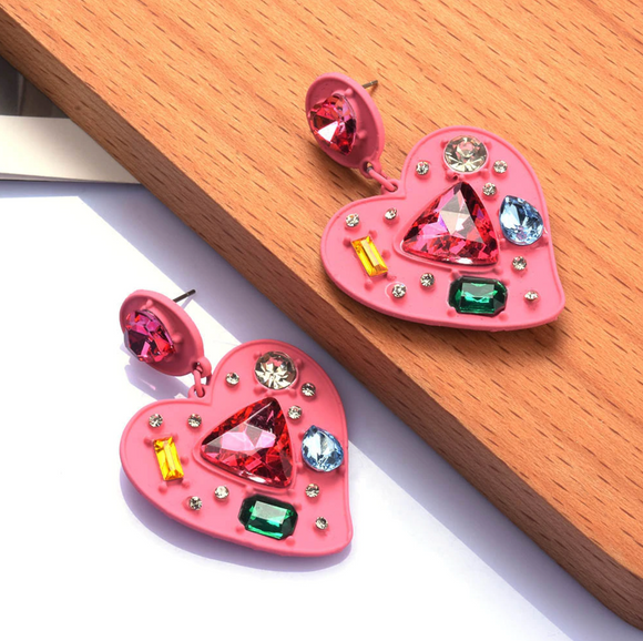 Pink Heart & Multi Colored Crystal Drop Stud Earrings