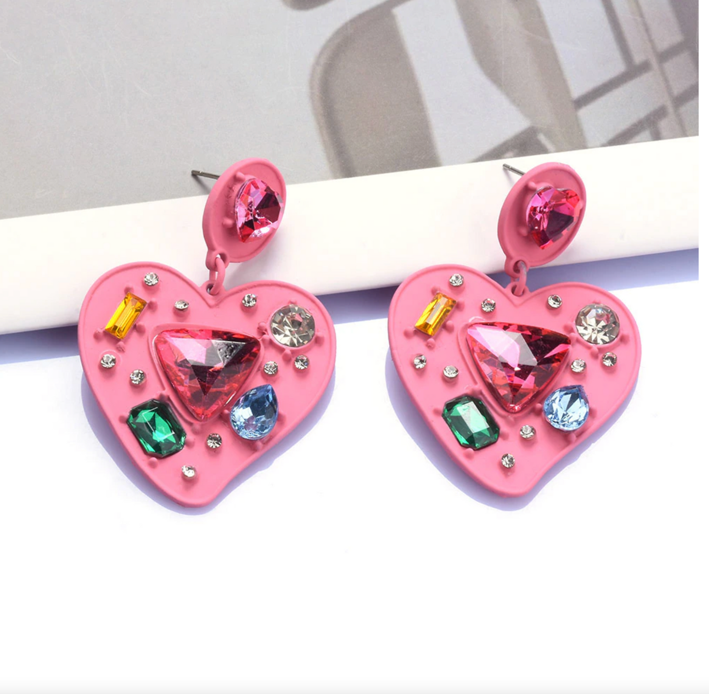 Pink Heart & Multi Colored Crystal Drop Stud Earrings