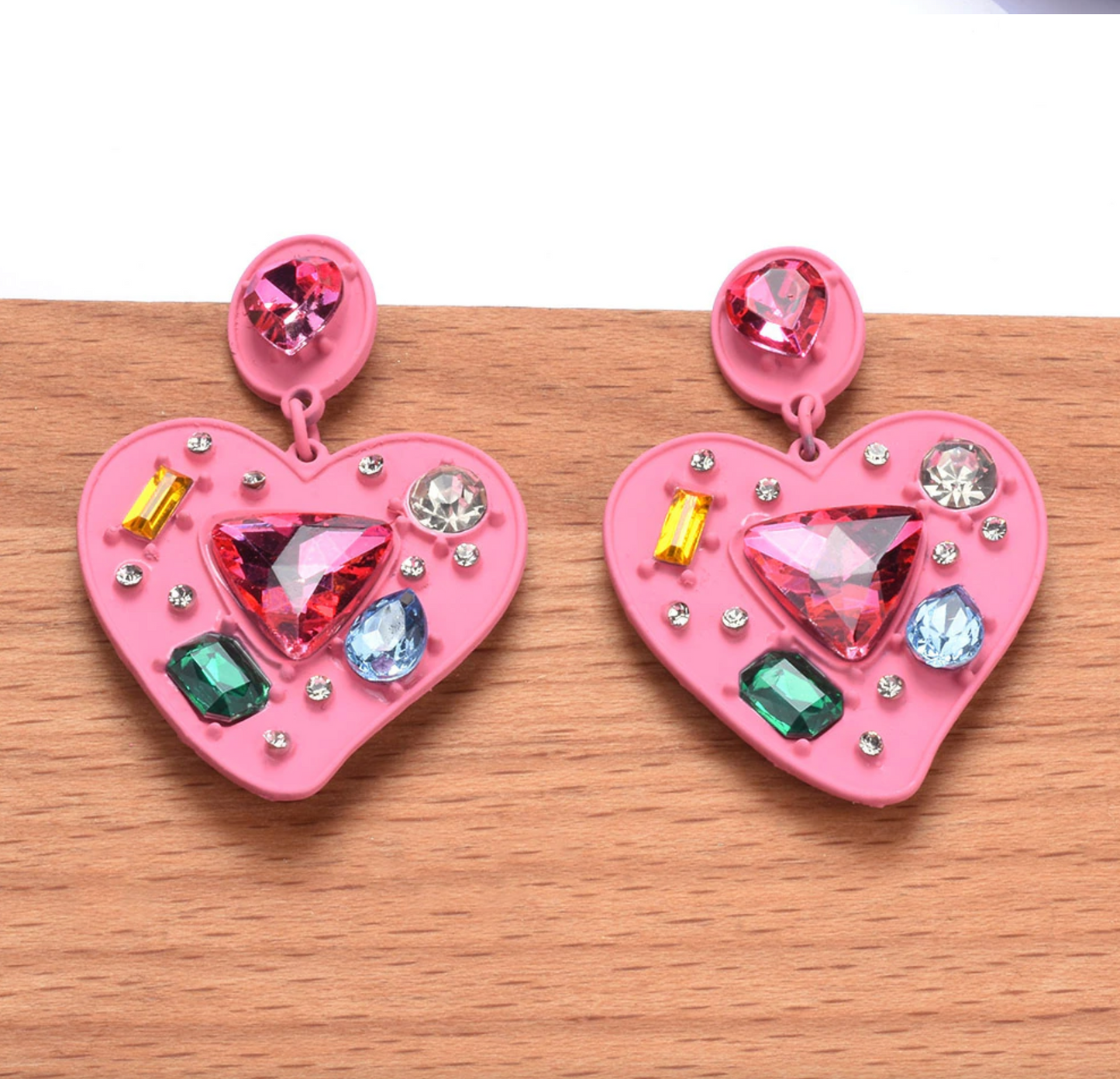 Pink Heart & Multi Colored Crystal Drop Stud Earrings