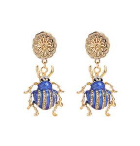 Goldtone Flower & Blue Beetle Drop Earrings