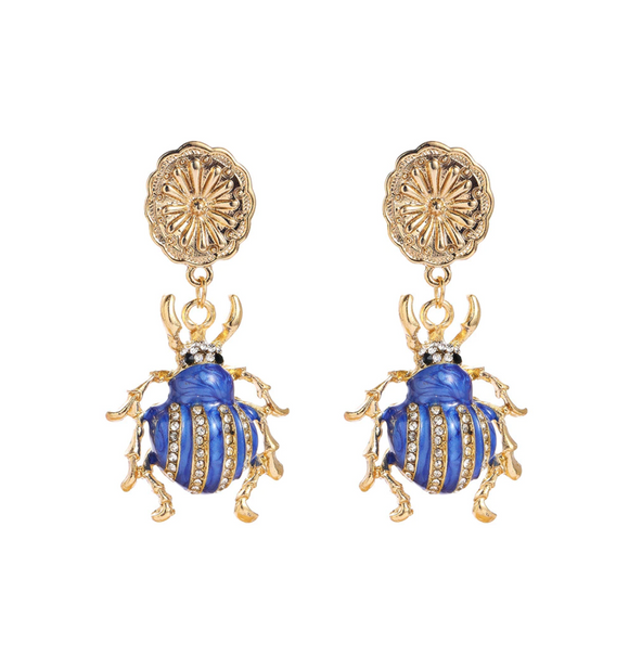 Goldtone Flower & Blue Beetle Drop Earrings