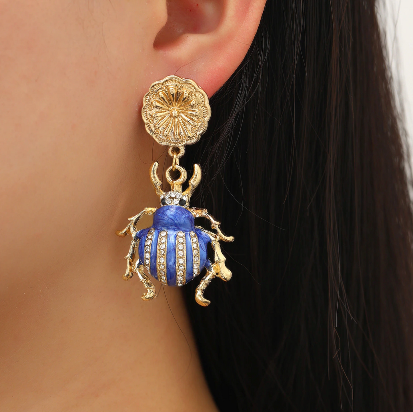 Goldtone Flower & Blue Beetle Drop Earrings