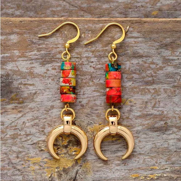 Gold And Red Howlite Gemstone Crescent Drop Earrings