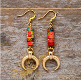 Gold And Red Howlite Gemstone Crescent Drop Earrings