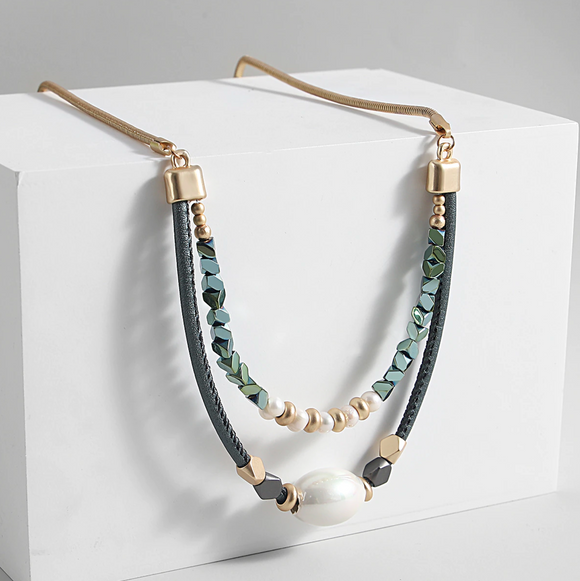 Goldtone & Green Beaded Layered Necklace With Imitation Pearl