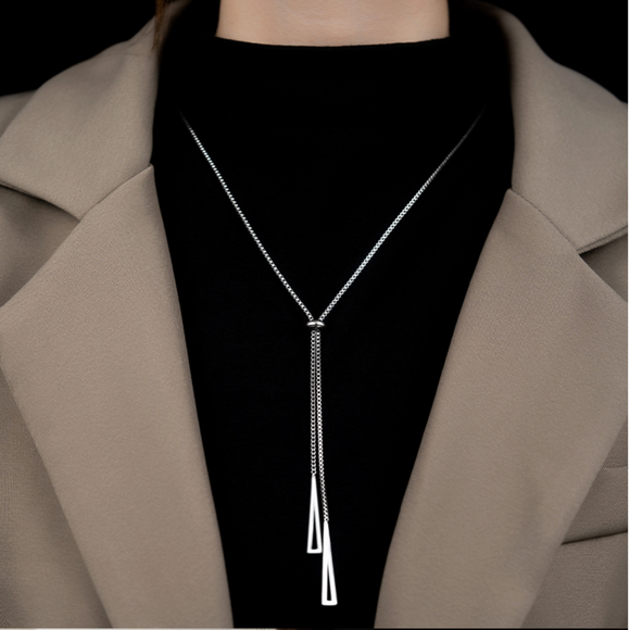Silvertone Minimalist Drop Triangle Bolo Style Necklace