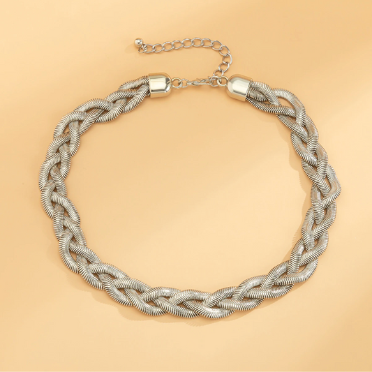 Silvertone Braided Herringbone Choker Necklace