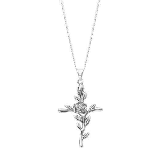 Sterling Silver Cross & Rose Pendant Necklace