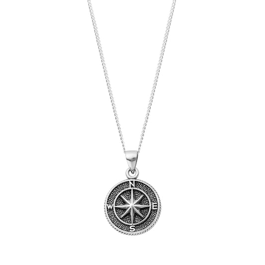 Sterling Silver Oxidized Compass Round Pendant Necklace