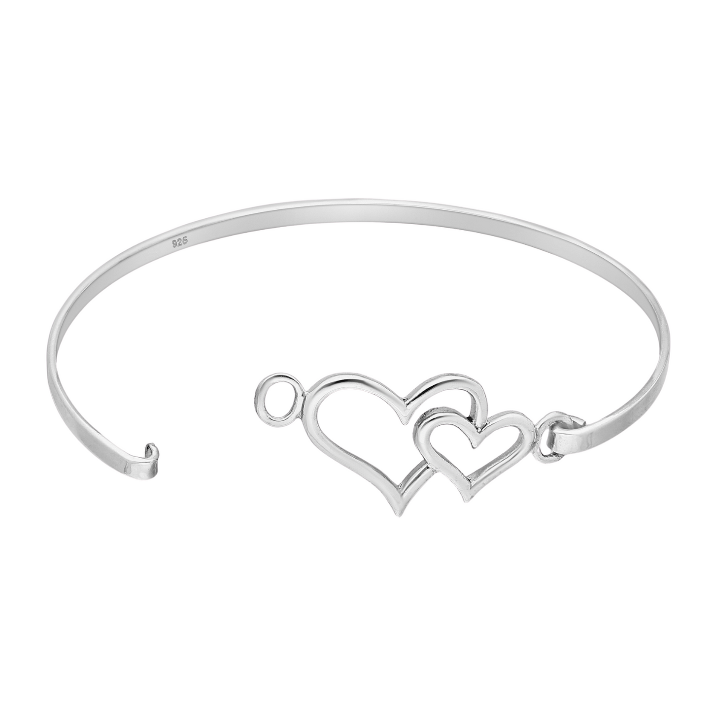 Silver bangle with two interlocking heart designs on a white background