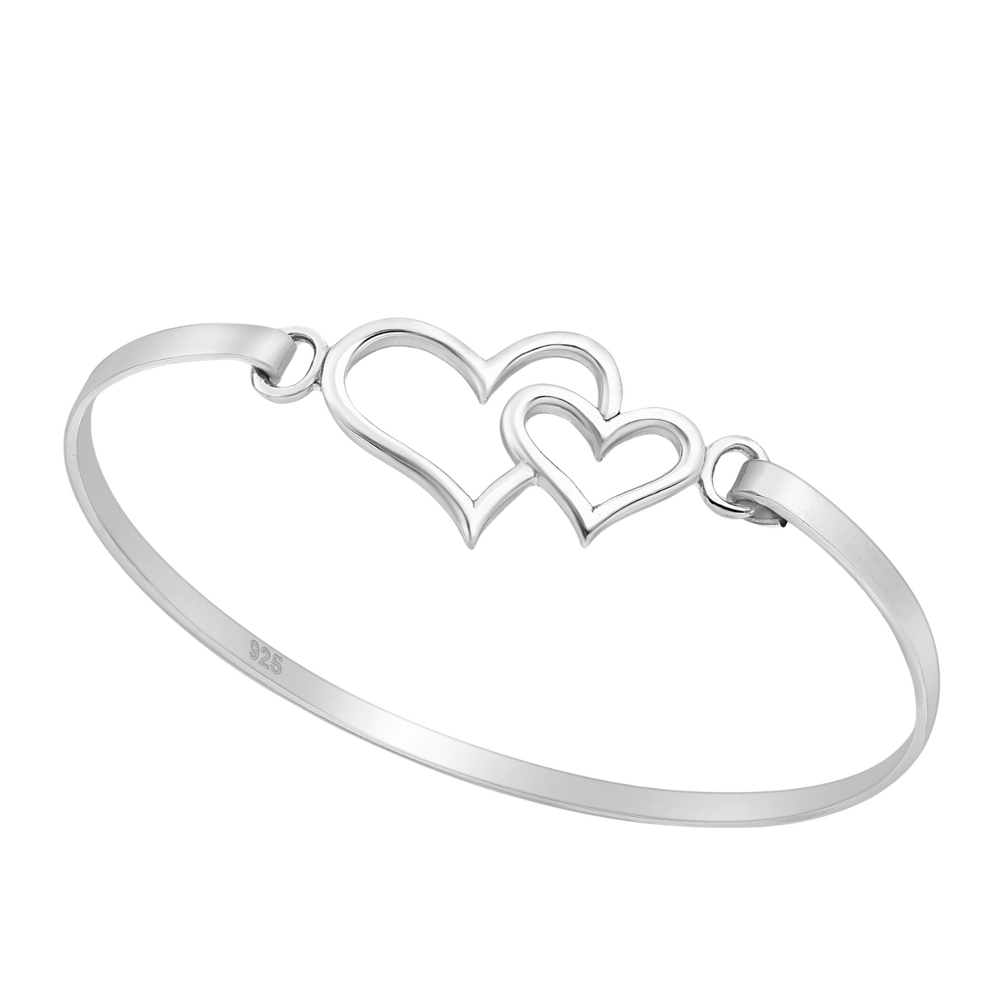 Sterling silver open cuff bracelet with interlocking double-heart centre, slim minimalist women’s jewellery.