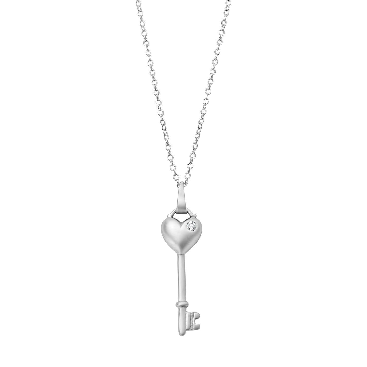 Sterling Silver Heart Key Pendant Necklace with Cubic Zirconia